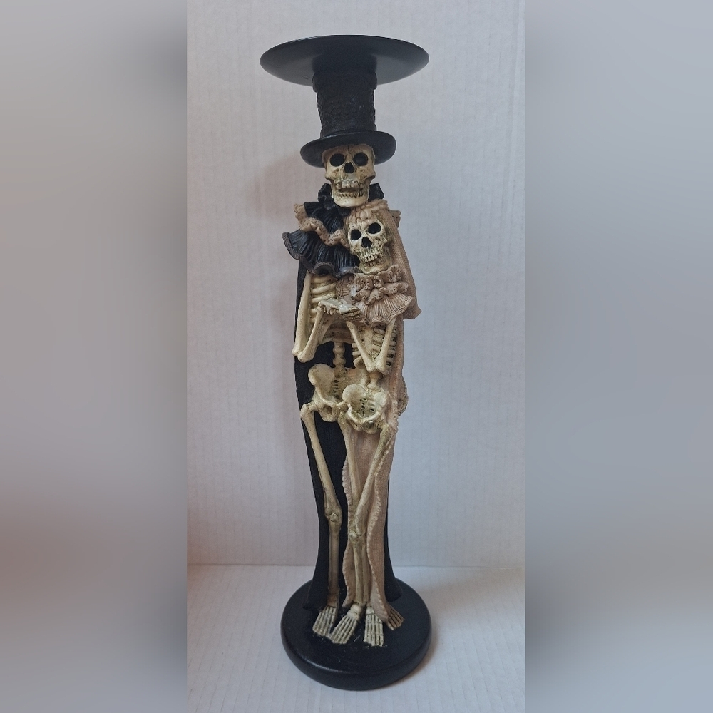 Halloween Skeleton Wedding Couple Candle Holder Spooky 12.5"